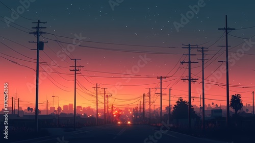 Urban Sunset Roadscape: Vibrant Evening Sky with Telephone Poles and Modern City Silhouettes