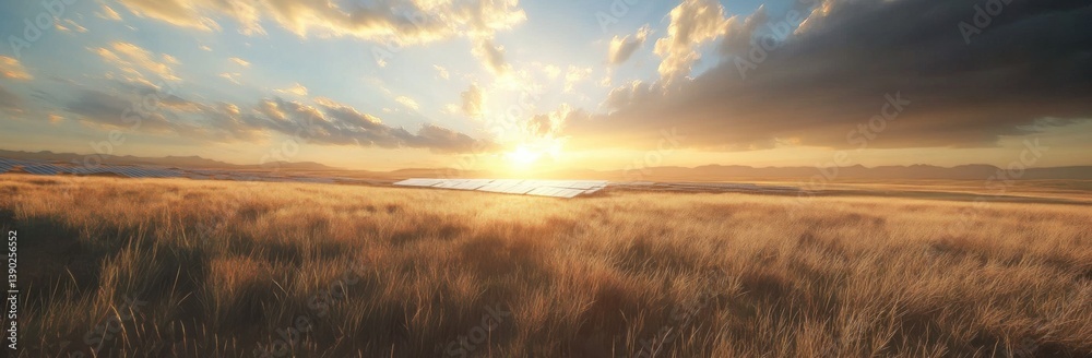 Golden Hour Sunset over Solar Panels in a Serene Grassland Field