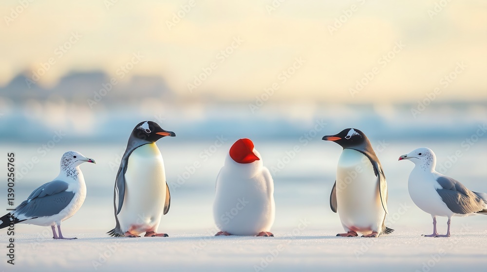 Fototapeta premium A satirical scene of penguins negotiating with seagulls about trade disputes