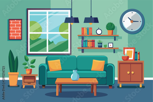 Illustration of a modern living room with a green sofa, two yellow pillows, a coffee table, potted plants, a window overlooking a green landscape, and a bookshelf.