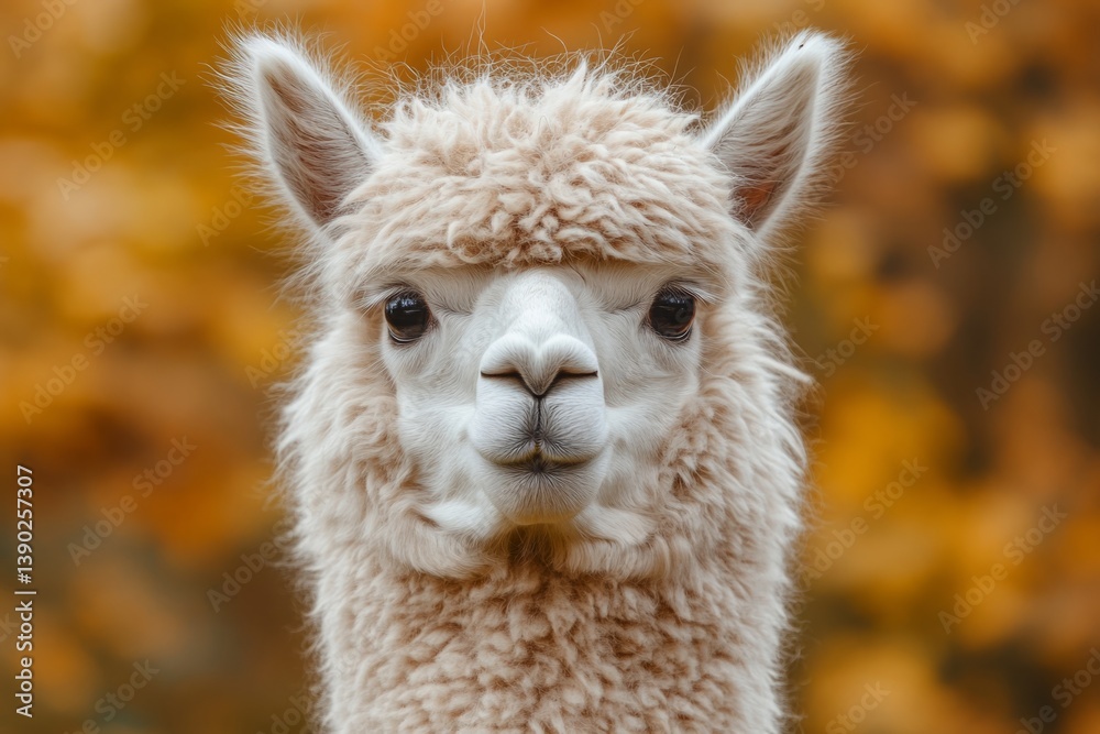 Fototapeta premium Close-up of a fluffy white alpaca staring intensely with autumn leaves creating a warm backdrop