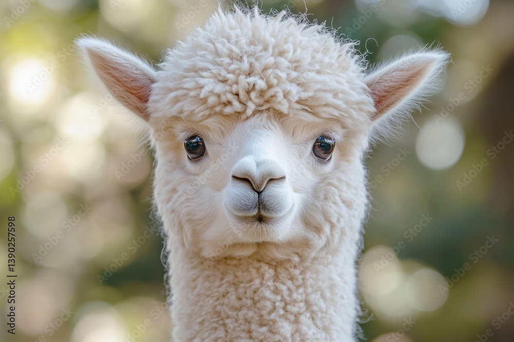 Fototapeta premium Close-up of a fluffy white alpaca with a blurred natural background