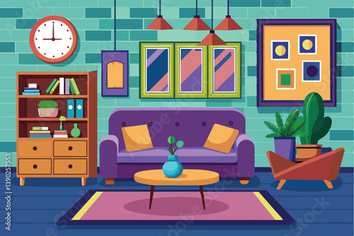 A cartoon illustration of a modern living room with a purple sofa, green walls, and potted plants.