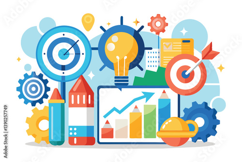 Illustration shows a successful business strategy: target with arrow, lightbulb for innovation, rising bar graph for growth, and gears for progress.