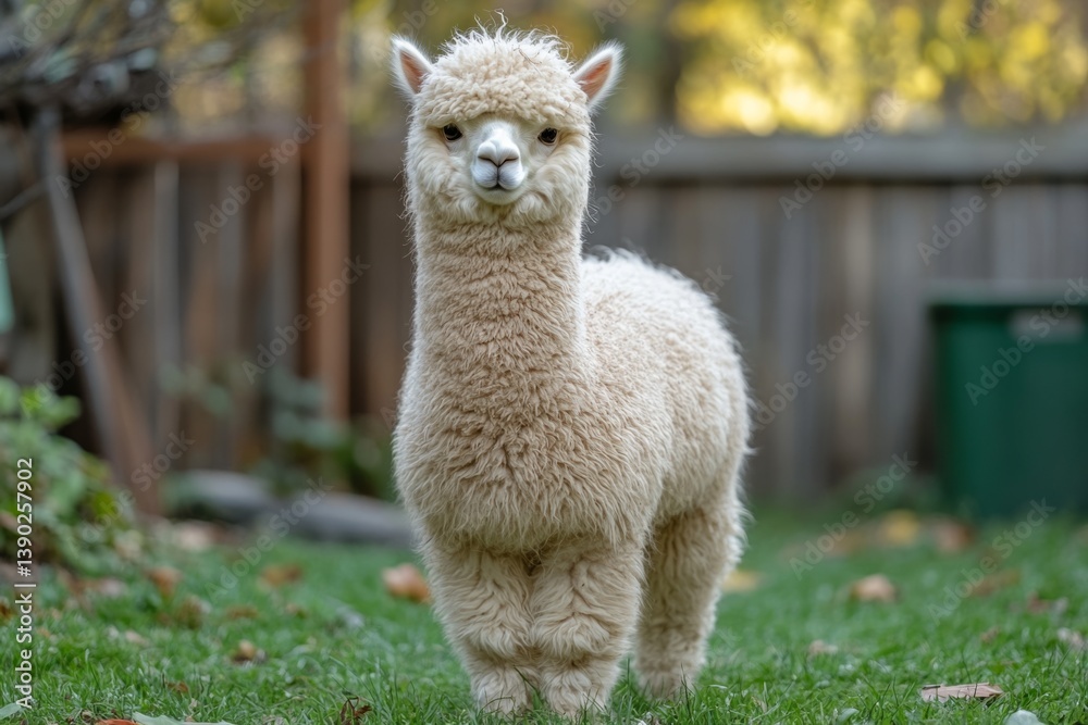 Fototapeta premium Adorable white alpaca standing on grass in front of wooden fence