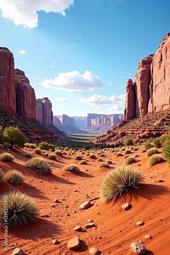 Panoramic view of red rock formations in Utah desert,  arid landscape,  wilderness