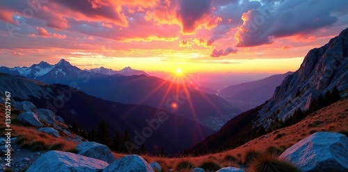 Panoramic view of rocky mountains against a vibrant sunset sky in Slovakia,  dusk,  panoramic