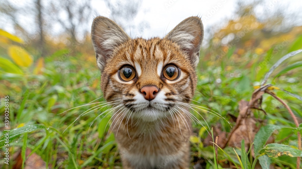Fototapeta premium Curious wildcat in autumnal grass