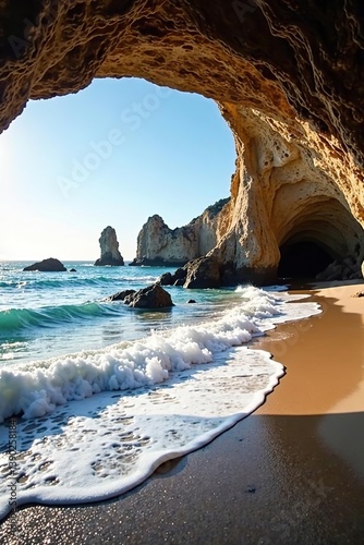 Panoramic view of sea cave and rocks at El Matador Beach, Malibu,  cliffs, beach