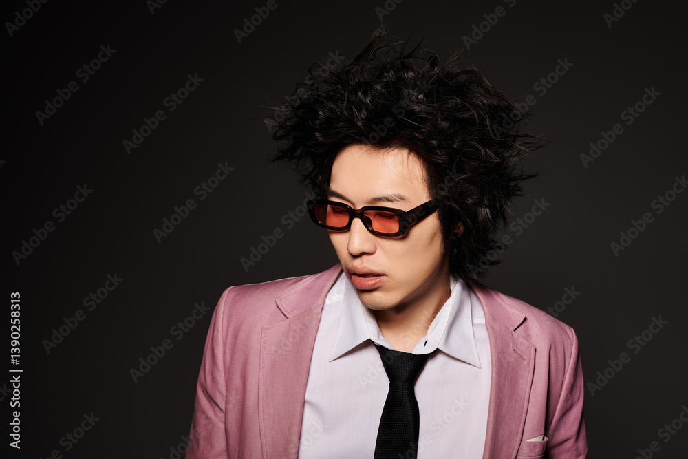 Fototapeta premium Stylish asian man showcases vibrant spring fashion in modern studio setting
