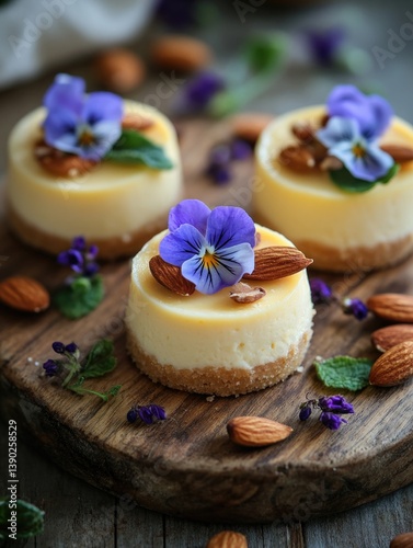 Obraz na płótnie Cheesecakes with Almonds and Purple Flowers w salonie