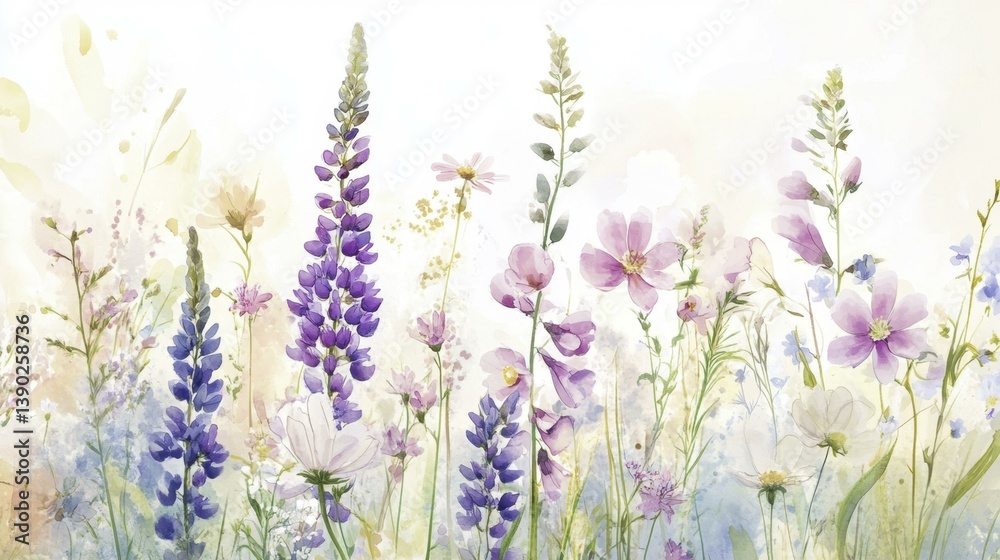 Naklejka premium Delicate Watercolor Painting Floral Meadow with Lupines Cosmos Daisies