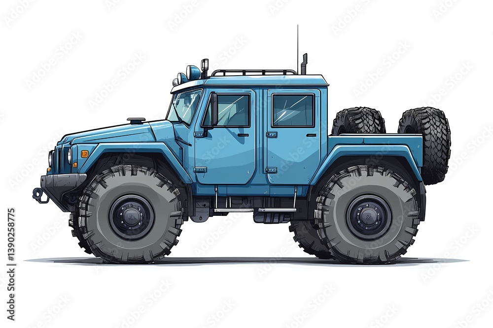 Off-Road Adventure: Detailed Blue Military Truck with Large Tires - Robust and Versatile Vehicle Illustration Off-Road Adventure: Detailed Blue Military Truck with Large Tires - Robust and Versatile Vehicle Illustration