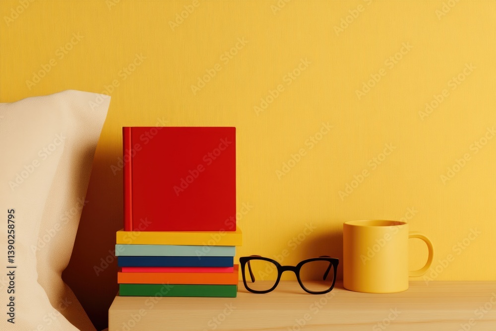 Fototapeta premium Cozy bedside arrangement featuring colorful books, glasses, and