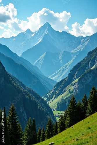 Panoramic view of towering mountains and lush green valleys in Bhutan, showcasing the pristine beauty of the Himalayan landscape,  hiking,  travel