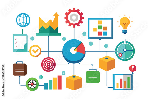 A visual representation of a business process, showcasing interconnected icons representing various stages and elements of workflow.