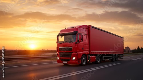 Red logistics truck drives on highway during sunset