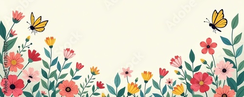 Pastel colored flowers and leaves with dragonfly, butterfly, and bee in flat folk geometric style,  flat,  dragonfly