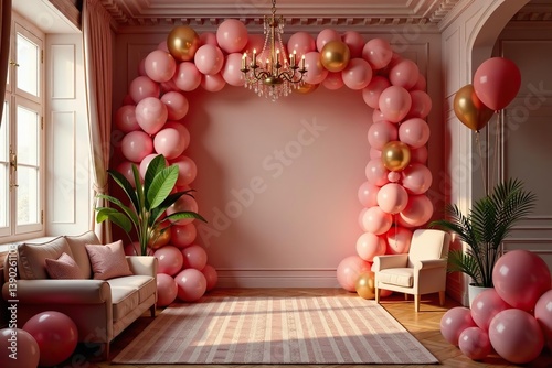 Luxurious background interior room with balloons, filled with elegant decorations and a festive atmosphere,  concept,  festive