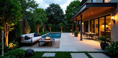 Luxurious backyard landscape design featuring a spacious patio area with modern furniture, surrounded by lush greenery and decorative lighting,  design,  lighting