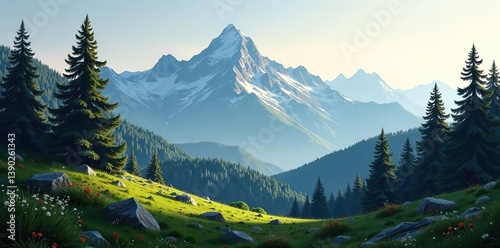 Realistic mountains landscape with morning wood panorama, pine trees, and mountain silhouettes Vector forest hiking background,  wood,  landscape