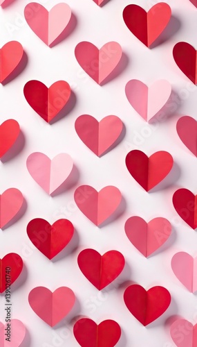 Pattern of red and pink paper hearts on a white background, top view Romantic, Valentine's Day celebration concept,  romantic,  card
