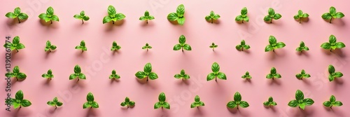 Pattern of small basil seedlings arranged in a grid formation against a soft pink background,  leaves,  pattern