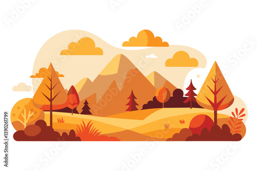 A stylized illustration featuring a mountain landscape with trees and clouds. The scene is depicted in warm autumnal colors.