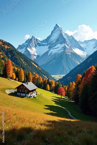 Peaceful autumn landscape of Reiteralm in the Austrian Alps with colorful foliage, snow-capped peaks, and clear blue sky,  peaceful,  Alps
