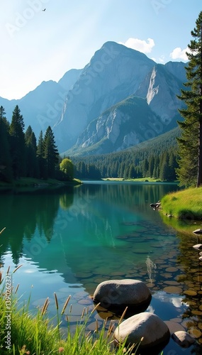 Peaceful landscape of Curt Gowdy State Park in Wyoming with serene lake surrounded by lush forests and rugged mountains in the background,  lake,  mountains