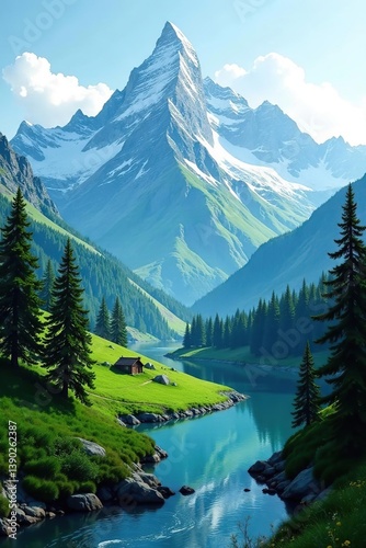 Peaceful mountain landscape with snow-capped peaks, lush green forests, and a winding river below,  mountain,  rocky mountains