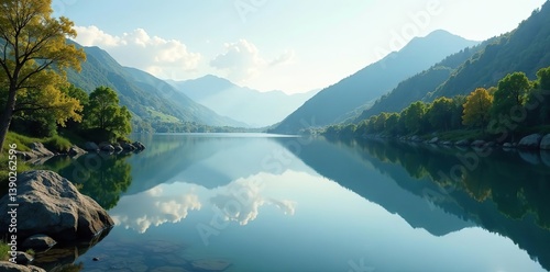 Peaceful scene of a tranquil dam reflecting the surrounding natural landscapes,  landscape,  scenic