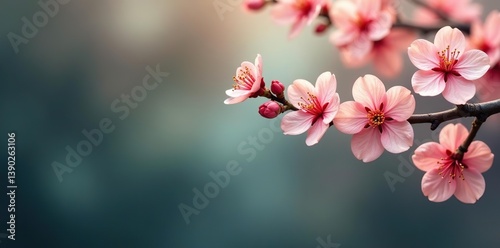 Peach tree branch with pink flowers forming a border on a corner,  petals, peach