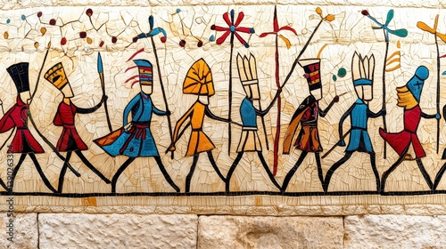 Colorful Mosaic Depicting a Procession of Figures in Varied Attire and Standards