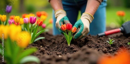 Person planting colorful spring flowers in the garden with gardening gloves and tools,  sunny day,  planting