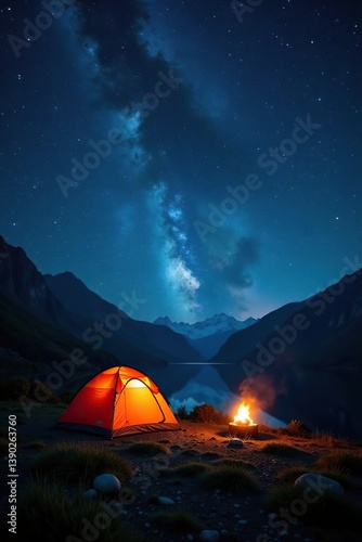 Picture of a serene campsite under a star-filled night sky, with high-quality camping gear set up amidst dreamlike landscapes,  landscape,  campfire
