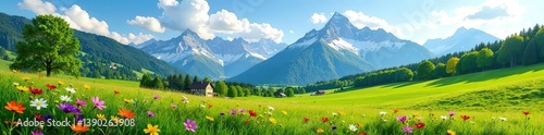 Picturesque rural landscape in Bavaria with lush meadows, colorful flowers, and snow-capped mountain peaks in the background during springtime,  mountains,  European
