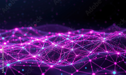 vibrant digital landscape showcasing interconnected nodes and lines, representing data flow and quantum computing concepts. glowing pink and blue colors create futuristic atmosphere