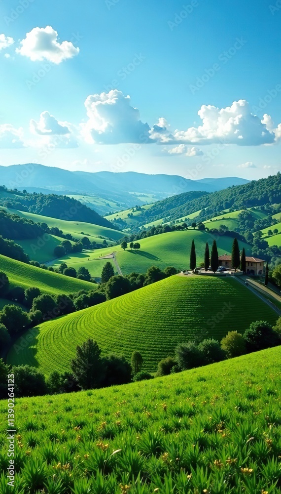Fototapeta premium Rolling hills covered with lush vineyards and olive groves under a clear blue sky in Tuscany, Italy, hills, Italy