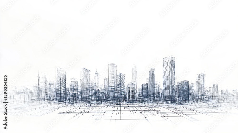 Fototapeta premium Architectural city sketch, lines, futuristic cityscape, digital art, urban design, 3D model, possible use for presentation