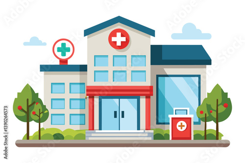 A cartoon illustration of a modern hospital building with a red cross sign, green trees, and a blue sky.