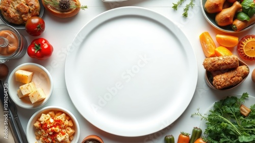 A large empty white plate surrounded by an assortment of colorful food items, ready for a delicious meal.