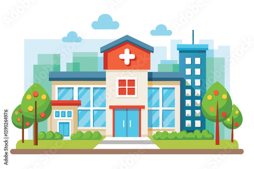Illustration of a hospital building with a red cross symbol on the roof, located in a city setting with trees and a tall building.