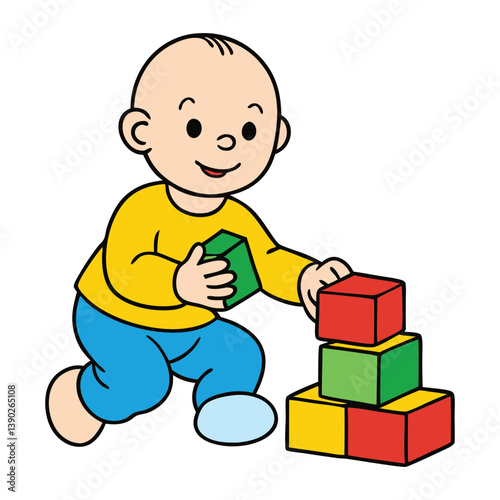 A cute baby sits on the floor, giggling with joy while stacking colorful building blocks, exploring shapes and colors with tiny, curious hands.