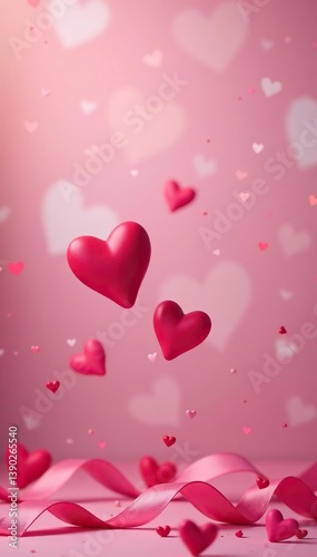 Romantic scene with floating pink hearts and ribbon conveying love and affection against dreamy blurred background,  dreamy,  passion