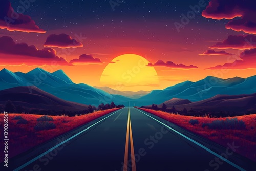 Vibrant Sunset Road Trip: Scenic Evening Landscape with Colorful Sky and Distant Mountains