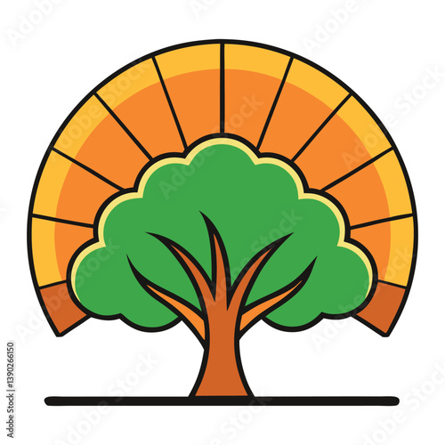 A dynamic sunset tree icon features a tree silhouette set against a vibrant, shifting sunset sky, symbolizing tranquility, change, and the beauty of nature’s cycles.