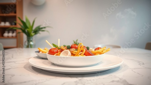 Wallpaper Mural A vibrant pasta salad with cherry tomatoes and herbs served in a modern white bowl on a marble table Torontodigital.ca