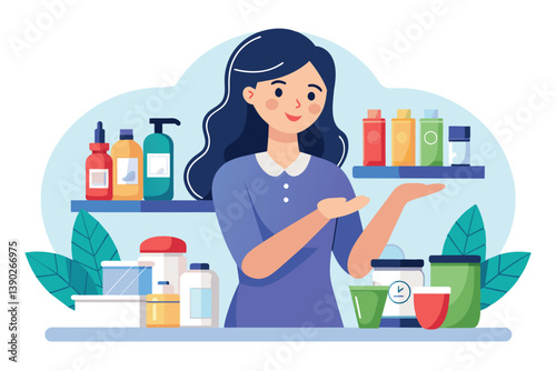 A woman with long black hair in a purple dress is happily showing colorful products of various shapes and sizes in front of a white background.