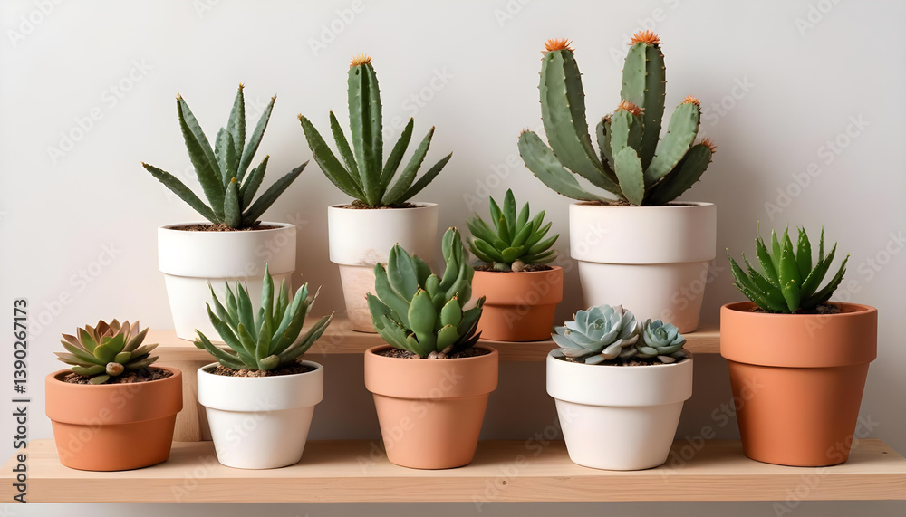 Obraz premium An attractive display of varied succulents and cacti plants in white and terracotta pots.